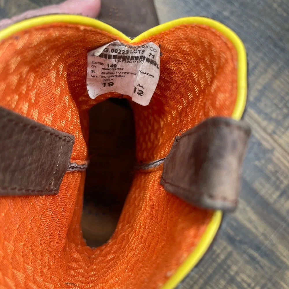 El General Cowboy Boots Kids Size 12 Brown‎ Leather Orange Embroidery Lug Sole